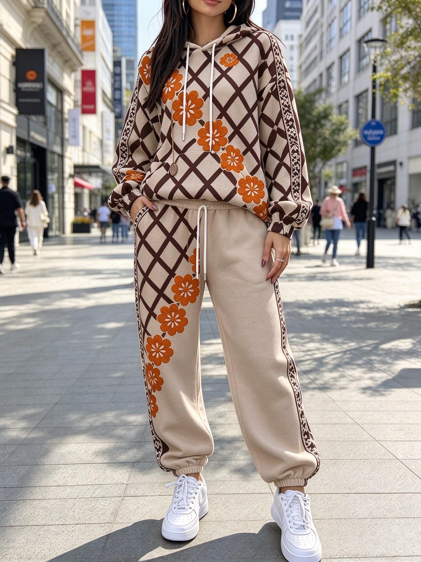 Women Grid Floral Print Hooded - đánh giá và giá Joggers Pants